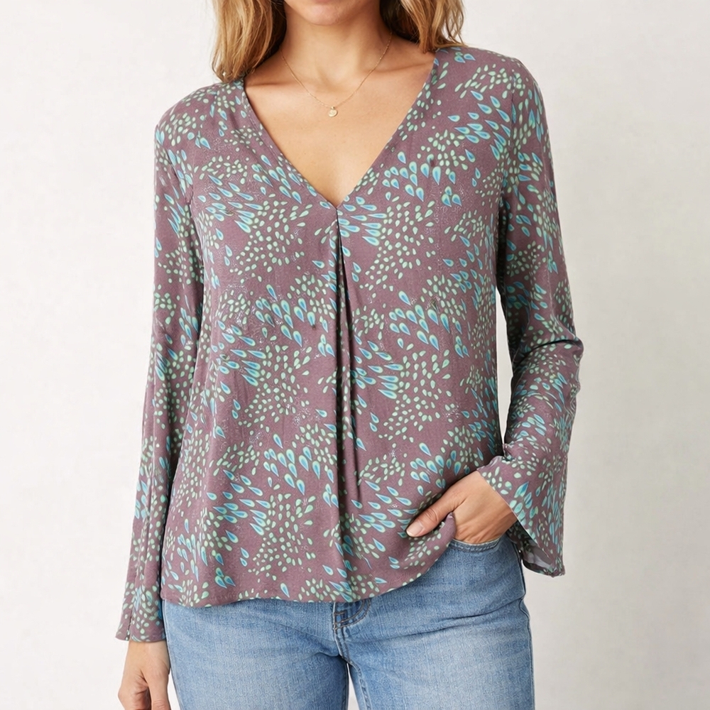 NWT Charlise Abstract Print Blouse 100% Viscose V-Neck Relaxed Fit Long Sleeve